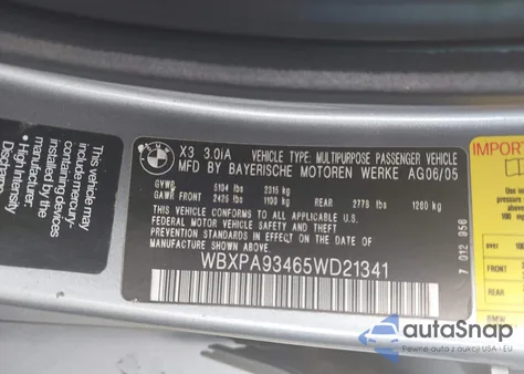 2005 BMW X3 3.0I z USA, uszkodzony, nr VIN WBXPA93465WD21341